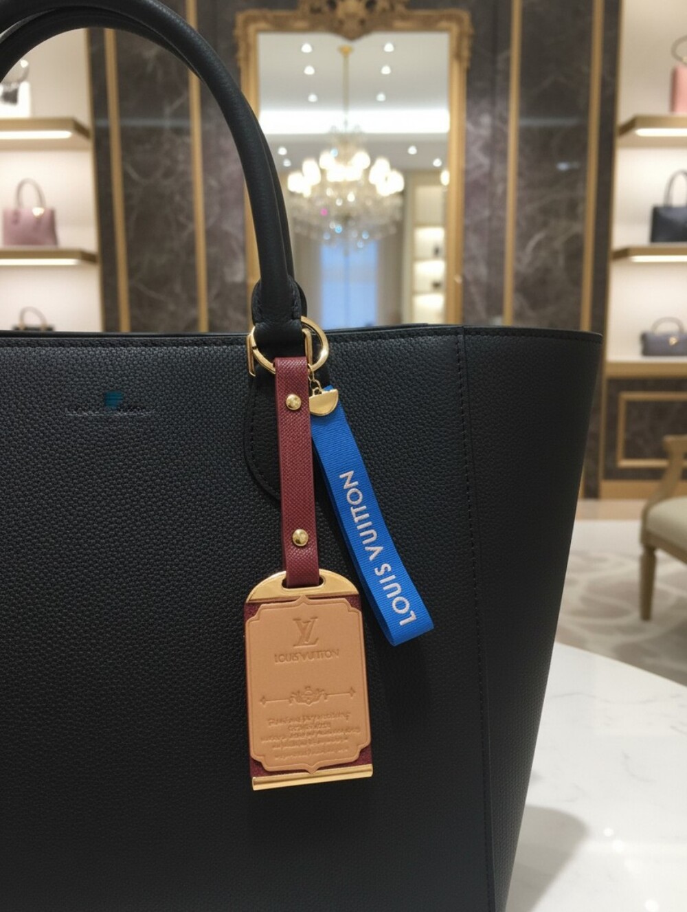 Louis Vuitton Maroon Leather Luggage Tag Keychain Ribbon Accent Designer Charm